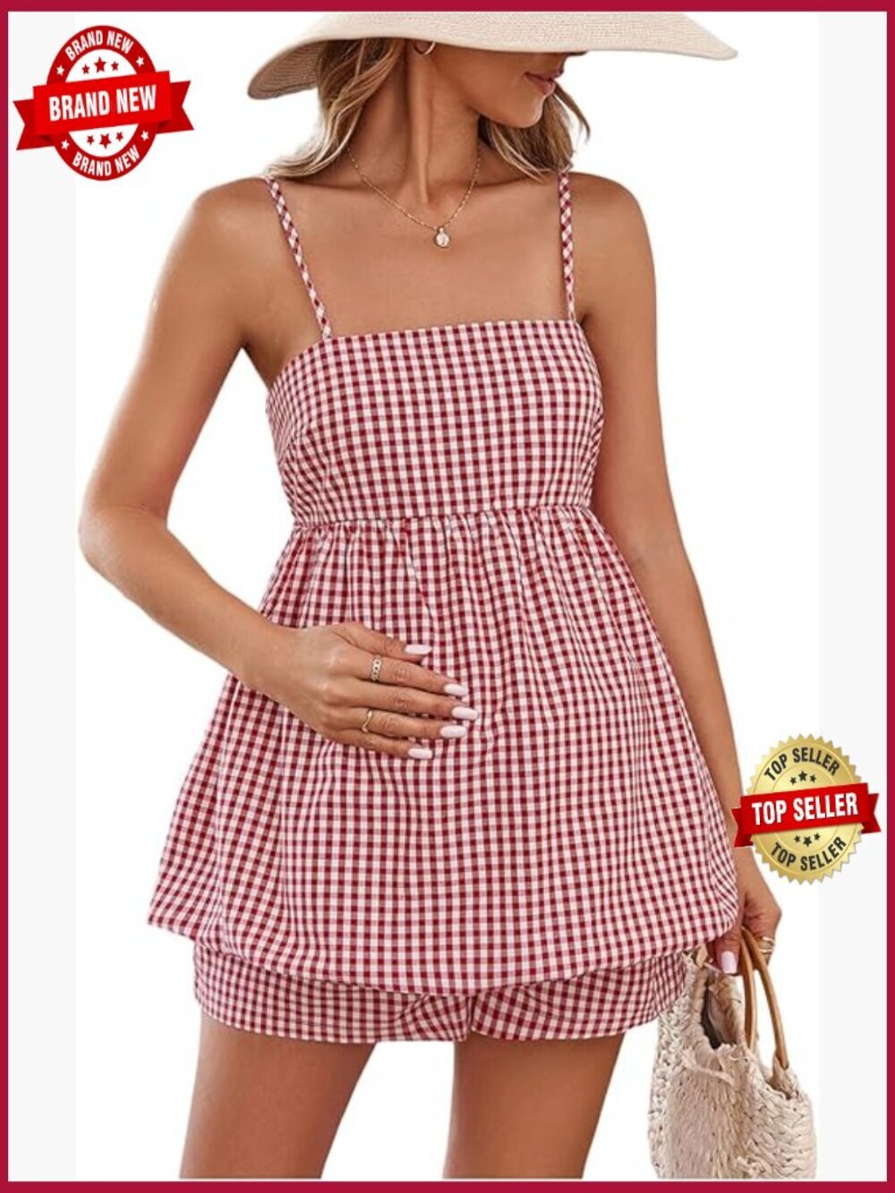 Maternity 2 Piece Outfits Plaid Peplum Bubble Cami Top and Shorts Set